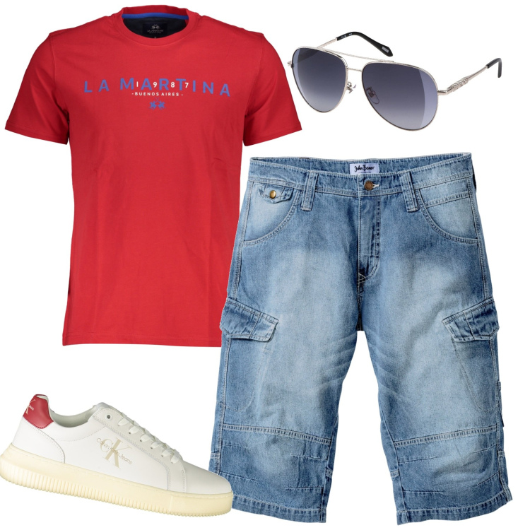 Outfit uomo - Comodo per partire. Stile Casual per Tutti i giorni. Abbinamento con bermuda, t-shirt, occhiali da sole, sneakers.