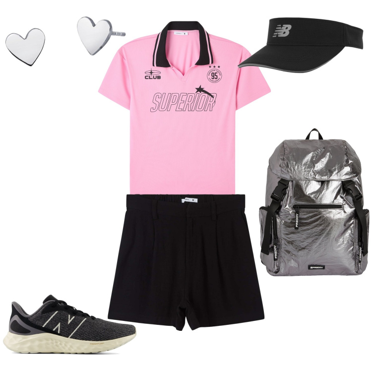 Outfit donna - Lo zaino argento. Stile Sporty chic per Tutti i giorni. Abbinamento con bermuda, polo, orecchini, sneakers, cappelli con visiera, zaini.