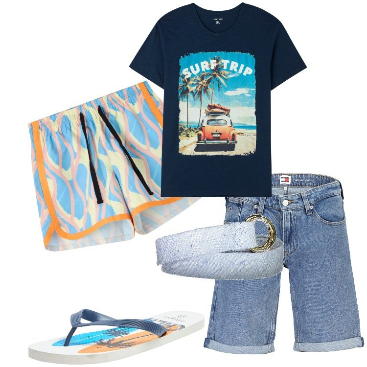 Outfit uomo - Al mare con gli amici. Stile Casual per Mare. Abbinamento con t-shirt, sandali, costumi, jeans, cinture.
