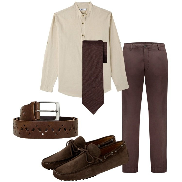 Outfit uomo - Cioccolato e crema. Stile Business/Elegante per Serata speciale. Abbinamento con camicie, cinture, pantaloni, scarpe stringate, cravatte.