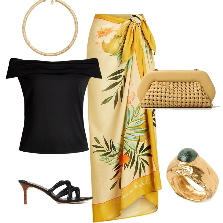 Outfit donna - Gonna a portafoglio. Stile Casual chic per Tutti i giorni. Abbinamento con gonne, top, collane, anelli, sandali in pelle, clutch.