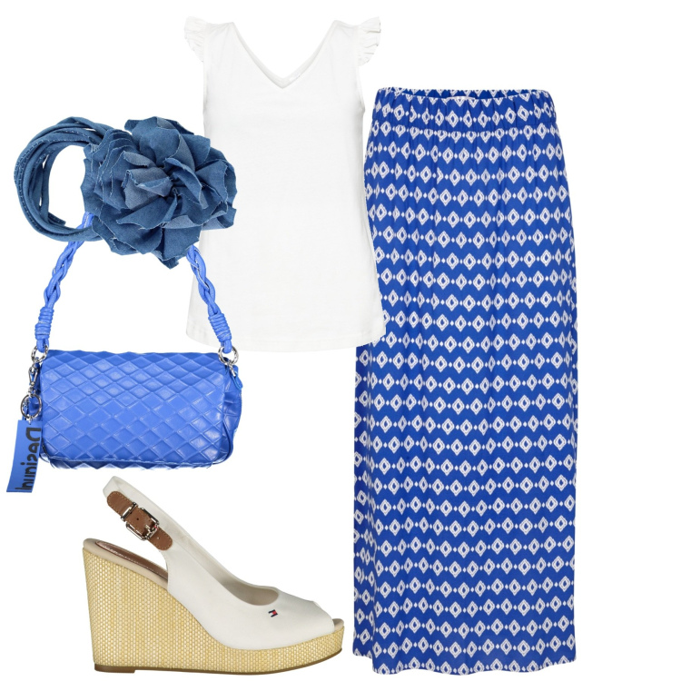 Outfit donna - City. Stile Casual chic per Tutti i giorni. Abbinamento con top, gonne lunghe, collane, sandali, borse a spalla.