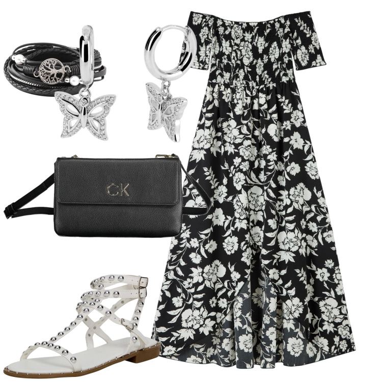 Outfit donna - Summertime. Stile Romantica per Tutti i giorni. Abbinamento con braccialetti, vestiti lunghi, sandali, orecchini, borse a spalla.