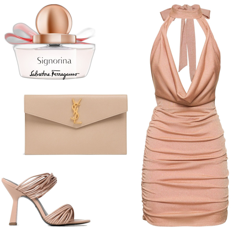 Outfit donna - Total look #1902619. Stile Chic per Cerimonia. Abbinamento con profumi, vestiti, pochette, sandali col tacco.