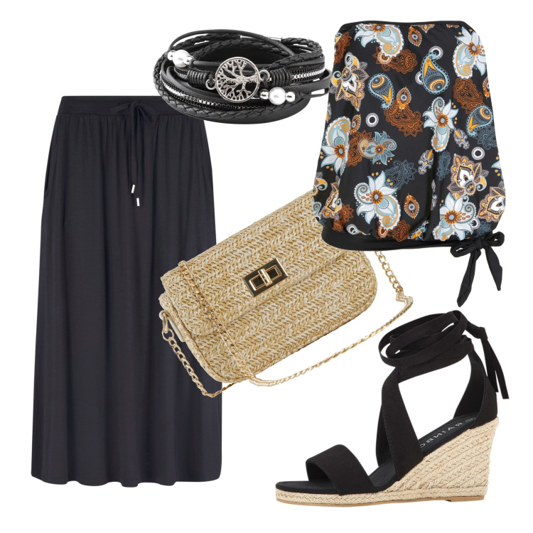 Outfit donna - Il top senza spalline. Stile Boho per Serata fuori. Abbinamento con top, braccialetti, gonne, sandali, borse a mano.