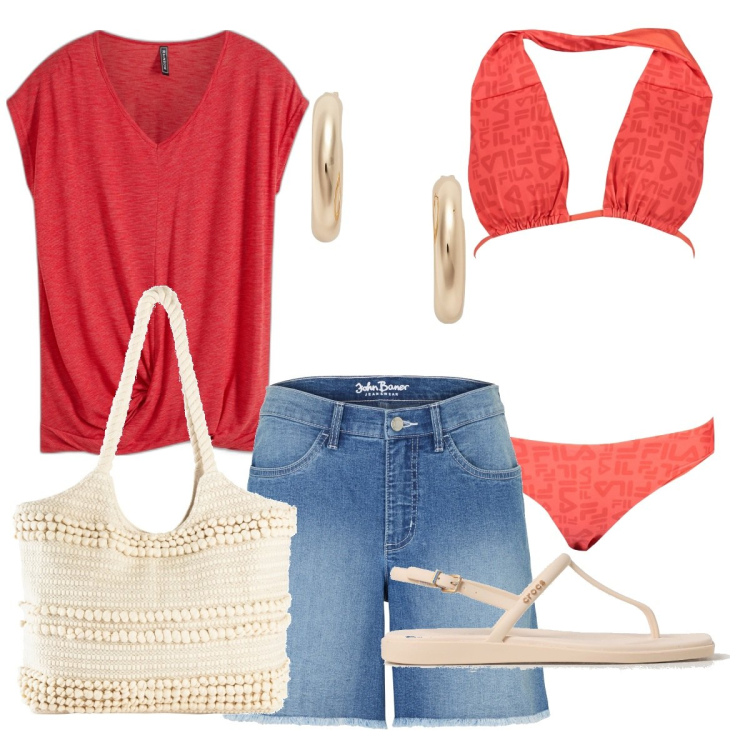 Outfit donna - Un giorno al mare. Stile Casual per Mare. Abbinamento con maglieria, shorts, shopping bag, orecchini, sandali, bikini.