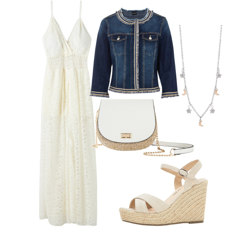 Outfit donna - Abitino in pizzo. Stile Romantica per Serata fuori. Abbinamento con blazer, borse a tracolla, sandali, vestiti lunghi, collane.