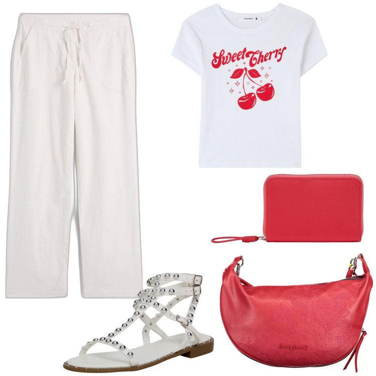 Outfit donna - Vacanza modalità on. Stile Basic per Tutti i giorni. Abbinamento con pantaloni a palazzo, portafogli, t-shirt, sandali, borse a spalla.