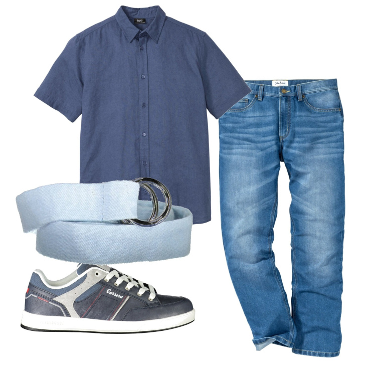 Outfit uomo - Doppel in blu. Stile Casual per Tutti i giorni. Abbinamento con jeans dritti, camicie a manica corta, cinture, sneakers.