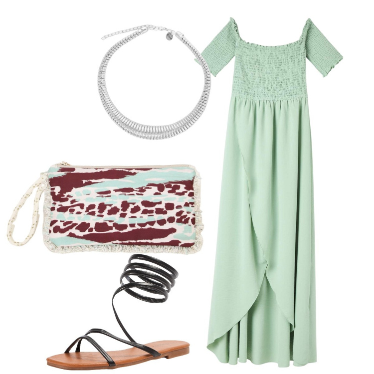 Outfit donna - Per la cerimonia l’abito stile impero. Stile Chic per Cerimonia. Abbinamento con vestiti lunghi, sandali, collane, pochette.