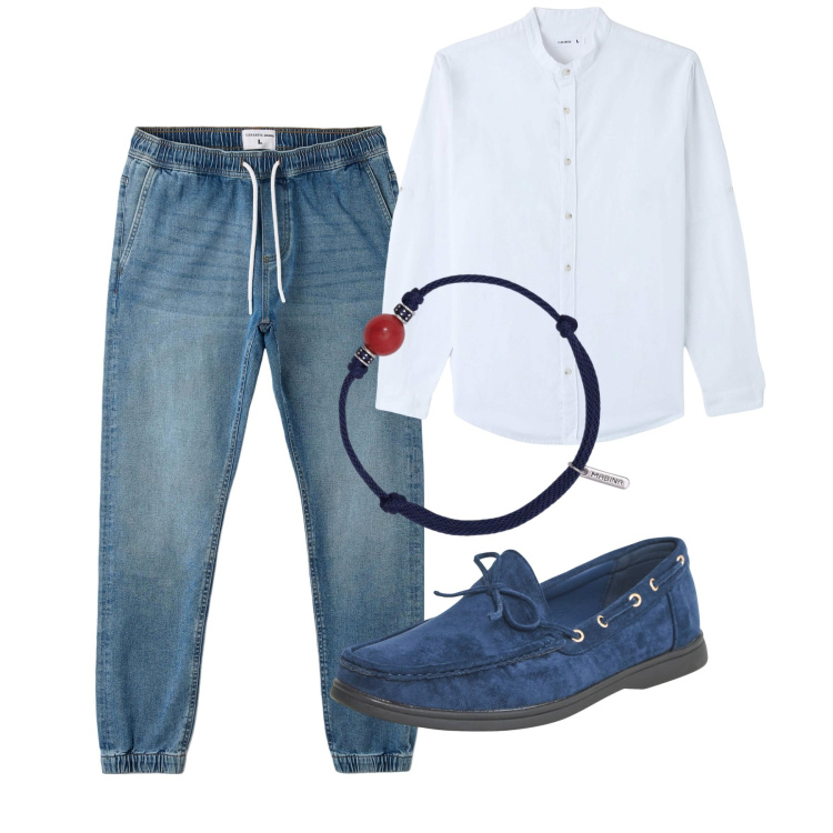 Outfit uomo - City. Stile Casual per Tutti i giorni. Abbinamento con camicie, scarpe stringate, jeans, braccialetti.