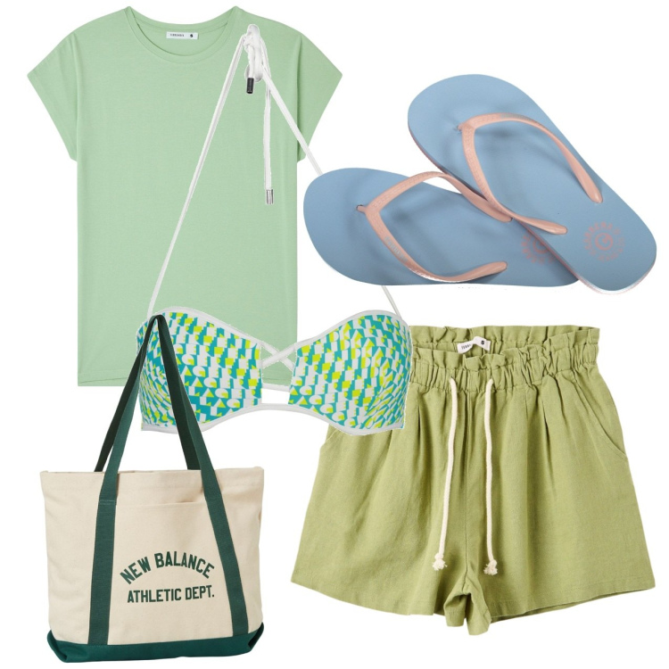 Outfit donna - Verdemare. Stile Casual per Mare. Abbinamento con shorts, t-shirt, borse tote, costumi, infradito.