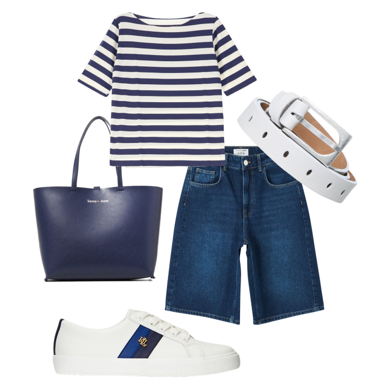 Outfit donna - Basica in bermuda. Stile Basic per Tutti i giorni. Abbinamento con bermuda, cinture, t-shirt, sneakers, borse a spalla.