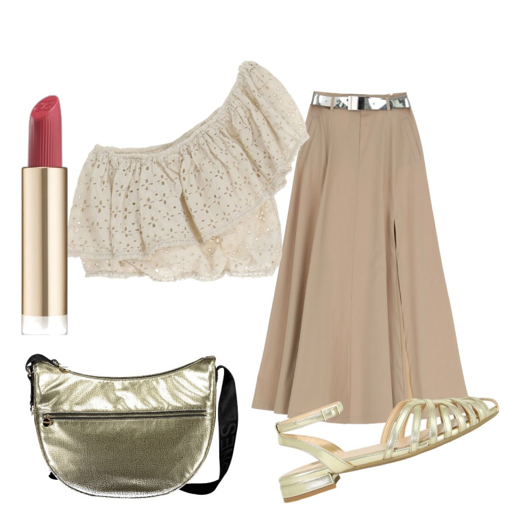 Outfit donna - Colori naturali. Stile Chic per Cerimonia. Abbinamento con rossetti, gonne, top, sandali in pelle, borse a tracolla.