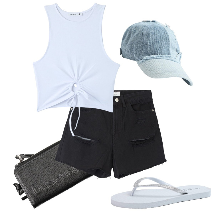 Outfit donna - Il top annodato. Stile Basic per Mare. Abbinamento con shorts, infradito, cappelli, top, portafogli.