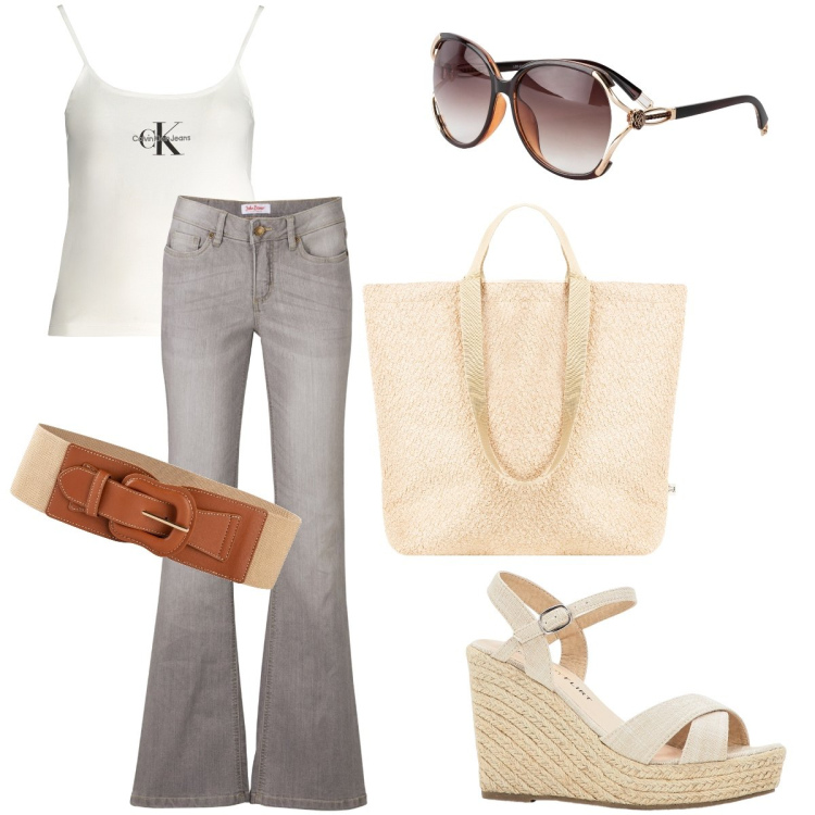 Outfit donna - Jeans a zampa. Stile Urban per Tutti i giorni. Abbinamento con occhiali da sole, jeans bootcut, sandali, cinture, borse tote, canottiere.