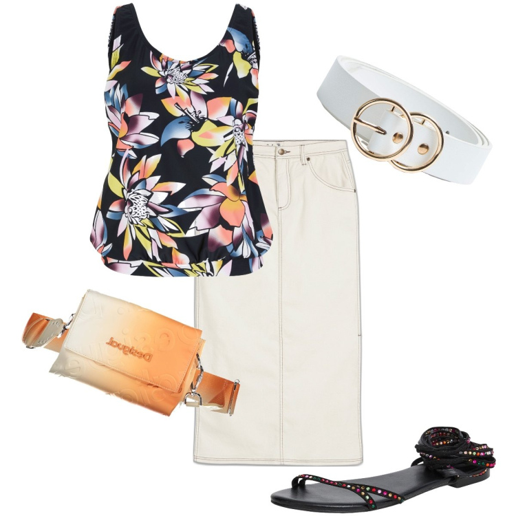 Outfit donna - Il top a fiori. Stile Casual chic per Tutti i giorni. Abbinamento con gonne longuette, top, sandali alla schiava, cinture, borse a mano.