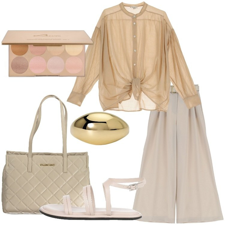 Outfit donna - Minimale: un\'ispirazione estiva. Stile Minimal per Tutti i giorni. Abbinamento con sandali in pelle, blush, anelli, pantaloni a palazzo, camicie, borse a spalla.