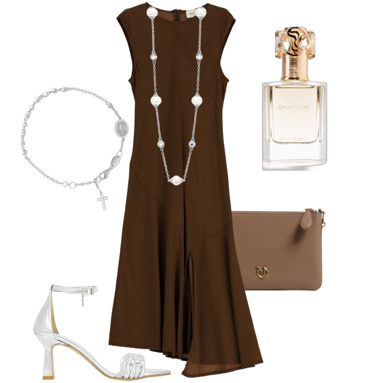 Outfit donna - L’abito asimmetrico. Stile Chic per Cerimonia. Abbinamento con profumi, collane, braccialetti con ciondoli, décolleté, vestiti lunghi, pochette.