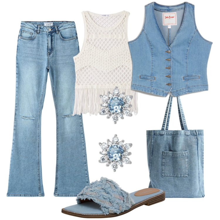 Outfit donna - In tendenza total denim. Stile Trendy per Tutti i giorni. Abbinamento con gilet, jeans a zampa, shopping bag, top, ciabatte, orecchini.