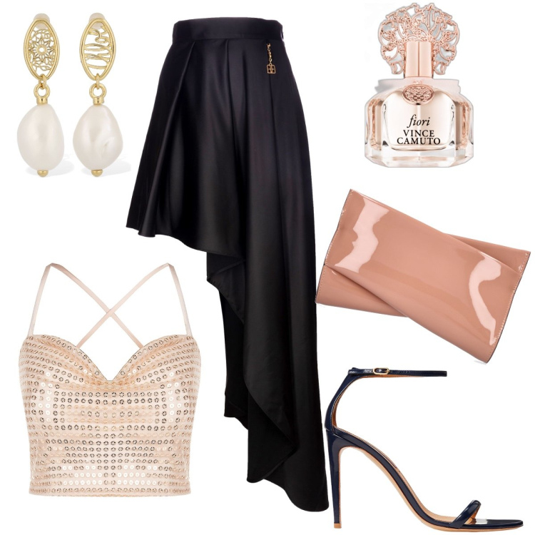 Outfit donna - La minigonna con strascico. Stile Glamour per Serata fuori. Abbinamento con profumi, top, gonne lunghe, sandali in pelle, pochette, orecchini.