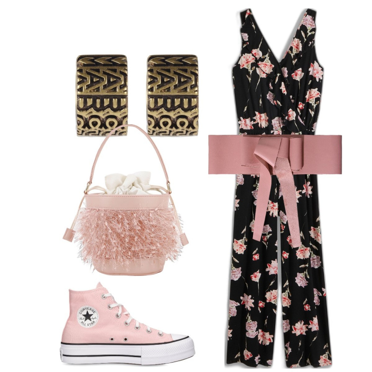 Outfit donna - In città. Stile Casual chic per Tutti i giorni. Abbinamento con tute, cinture, borse a secchiello, sneakers, orecchini.