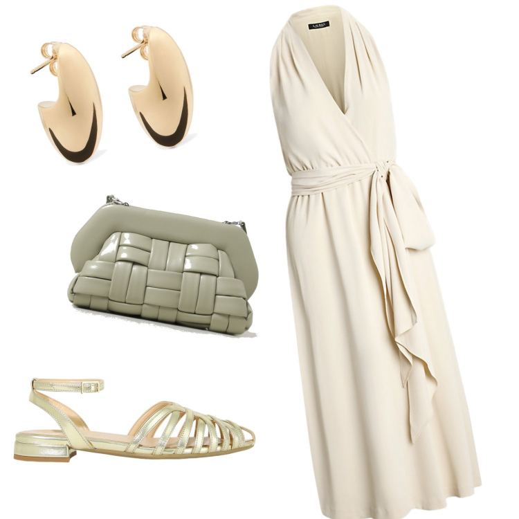 Outfit donna - A spasso per la città. Stile Casual chic per Tutti i giorni. look ideale per Tall. Abbinamento con vestiti senza maniche, sandali in pelle, clutch, orecchini.