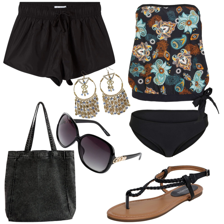 Outfit donna - On the beach. Stile Chic per Mare. Abbinamento con occhiali da sole, costumi interi, pantaloni corti, ciabatte, shopping bag, orecchini.