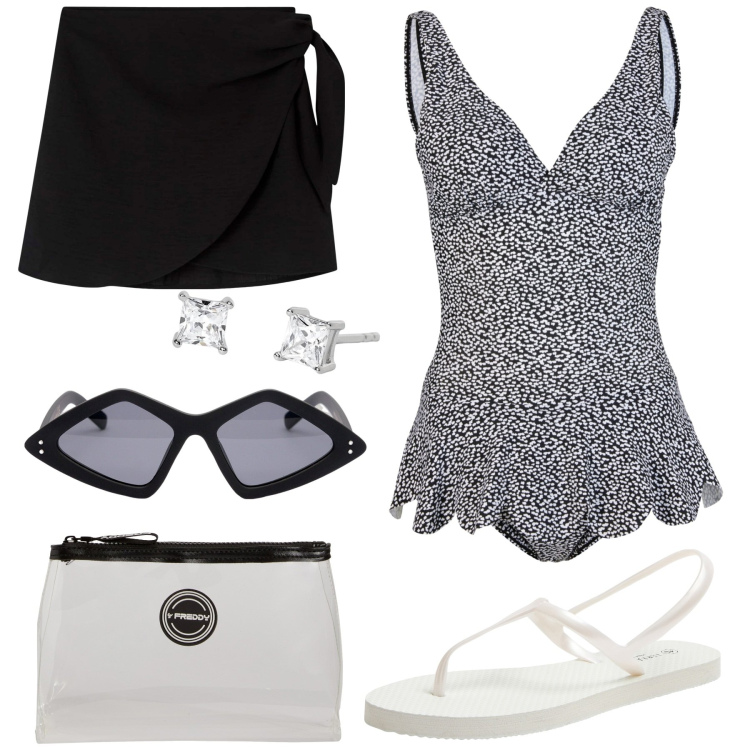 Outfit donna - Il costume per farsi notare. Stile Chic per Mare. Abbinamento con costumi interi, sandali, vestiti da spiaggia, orecchini, valigie, occhiali da sole.