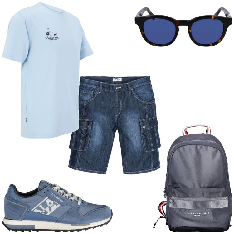 Outfit uomo - Gita fuori porta. Stile Casual per Tutti i giorni. Abbinamento con bermuda, t-shirt, sneakers, borse sportive, occhiali da sole.