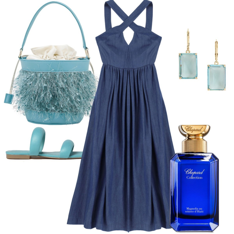 Outfit donna - Nel blu. Stile Glamour per Serata fuori. Abbinamento con profumi, vestiti lunghi, orecchini, borse a secchiello, sandali in pelle.