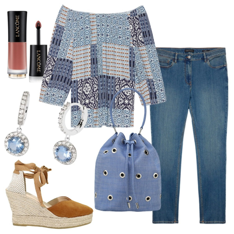 Outfit donna - Pronta per una cena in vacanza. Stile Casual chic per Serata fuori. Abbinamento con rossetti, orecchini, borse a secchiello, zeppe, bluse, jeans skinny.