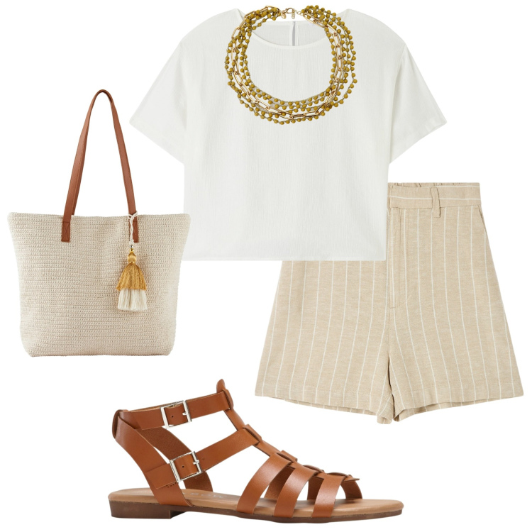 Outfit donna - Tutti i giorni. Stile Minimal per Tutti i giorni. Abbinamento con sandali, shopping bag, bermuda, bluse, collane.