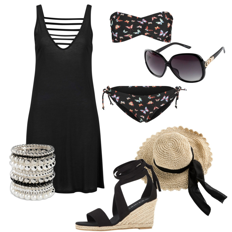 Outfit donna - Black is back. Stile Casual chic per Mare. Abbinamento con vestiti da spiaggia, bikini, braccialetti, cappelli, occhiali da sole, sandali.