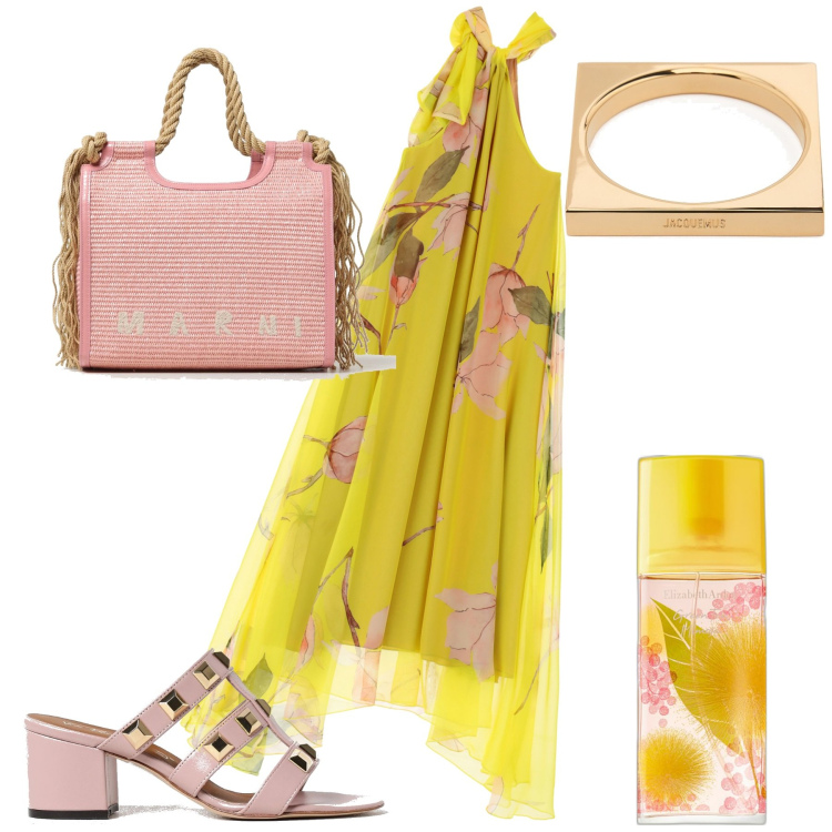 Outfit donna - Total look #1902833. Stile Trendy per Tutti i giorni. Abbinamento con profumi, vestiti lunghi, borse a mano, sandali col tacco, braccialetti.