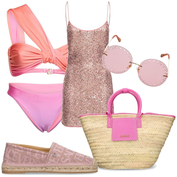 Outfit donna - Total look #1902835. Stile Glamour per Mare. Abbinamento con bikini, shopping bag, occhiali da sole, vestiti, bikini, espadrillas.