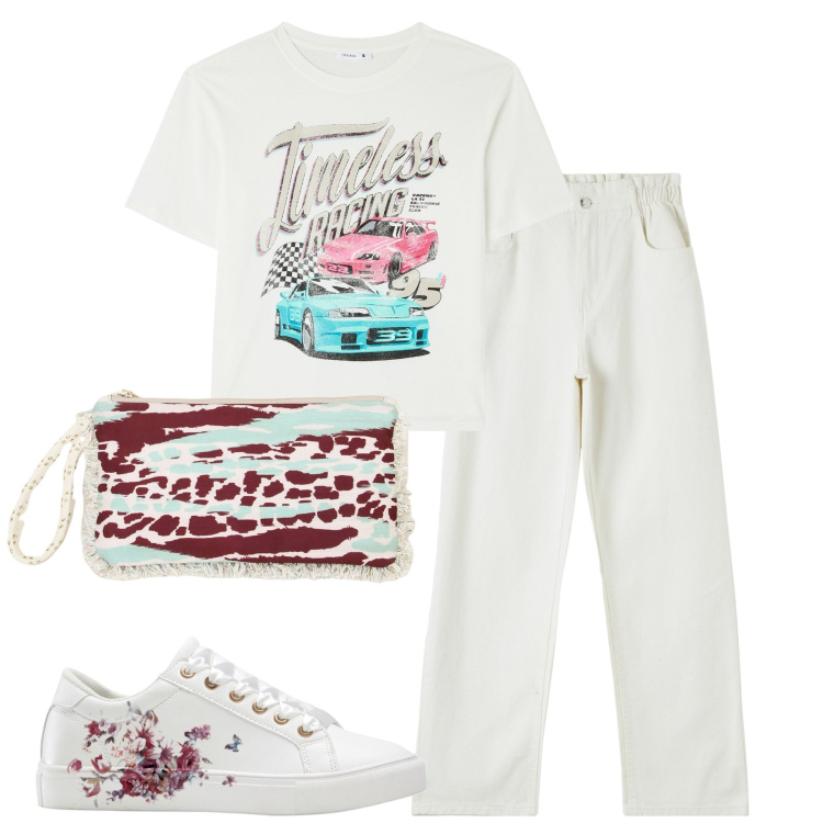 Outfit donna - City. Stile Basic per Tutti i giorni. Abbinamento con sneakers, t-shirt, pantaloni, pochette.