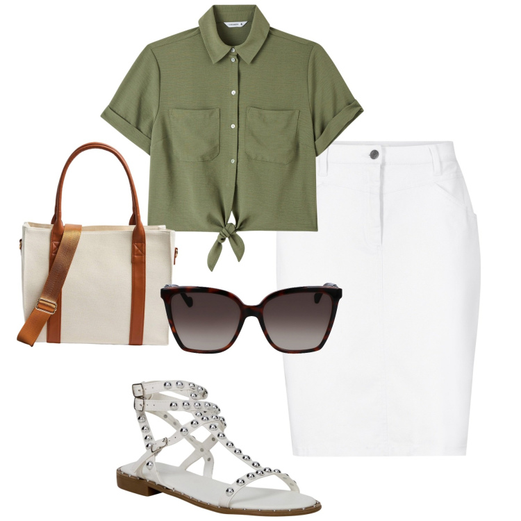 Outfit donna - Total look #1902839. Stile Basic per Tutti i giorni. Abbinamento con gonne, shopping bag, camicie a manica corta, sandali, occhiali da sole.