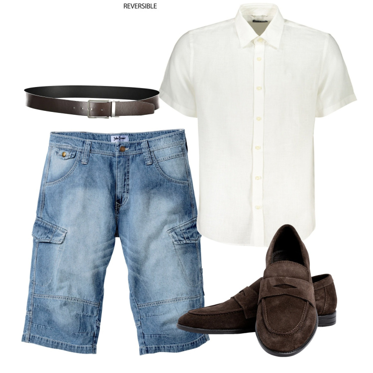 Outfit uomo - Camicia candida e bermuda denim. Stile Casual per Tutti i giorni. Abbinamento con bermuda, cinture, scarpe stringate, camicie a manica corta.