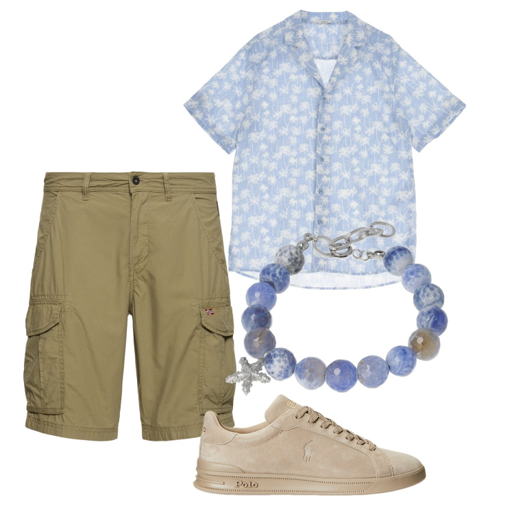 Outfit uomo - Vacanza. Stile Casual per Tutti i giorni. Abbinamento con camicie a manica corta, sneakers, braccialetti, shorts.