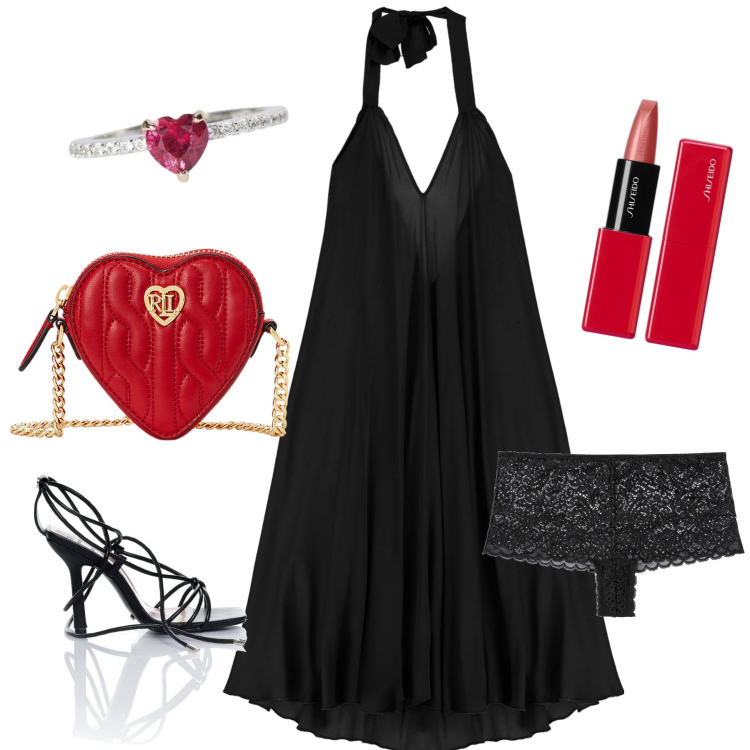 Outfit donna - Col cuore. Stile Chic per Serata fuori. Abbinamento con culotte, rossetti, anelli, sandali alla schiava, vestiti lunghi, pochette.