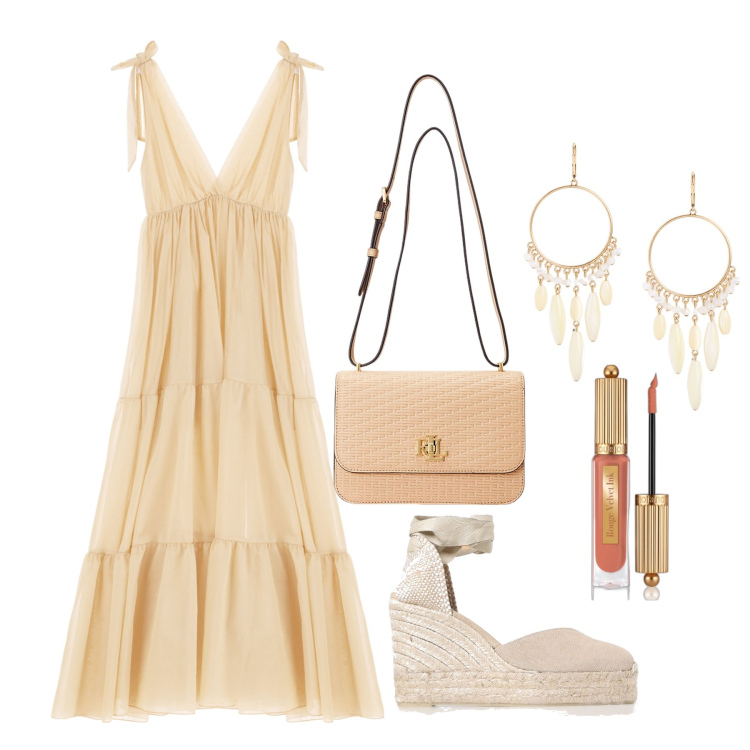 Outfit donna - Ghost outfitter - giugno. Stile Trendy per Tutti i giorni. Abbinamento con rossetti, vestiti lunghi, borse a spalla, orecchini, espadrillas.
