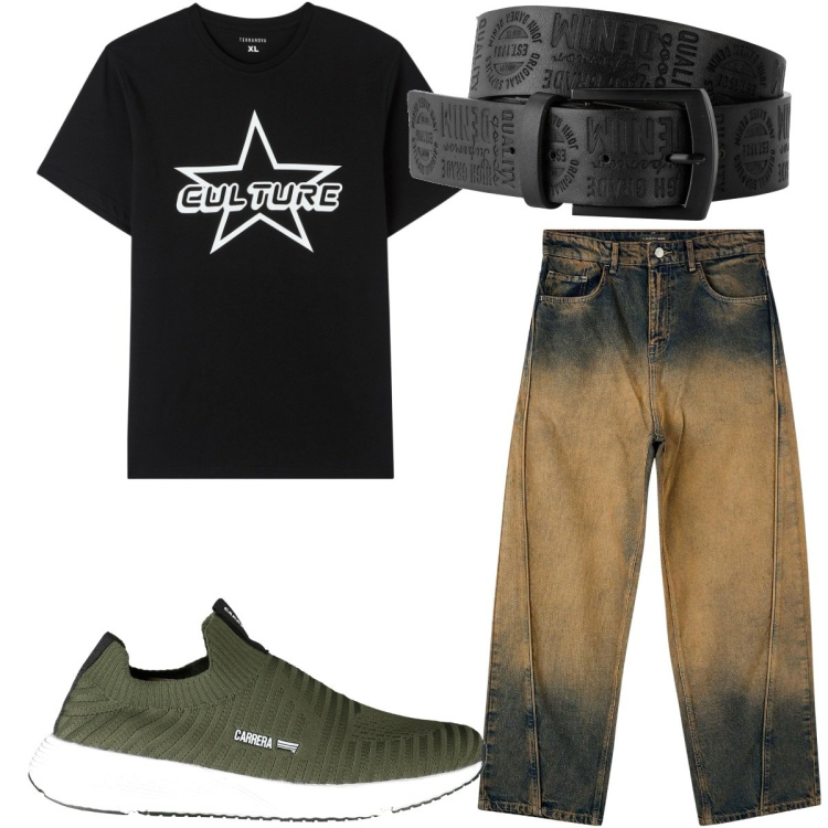 Outfit uomo - Total look #1902874. Stile Trendy per Tutti i giorni. Abbinamento con cinture, jeans, t-shirt, sneakers.