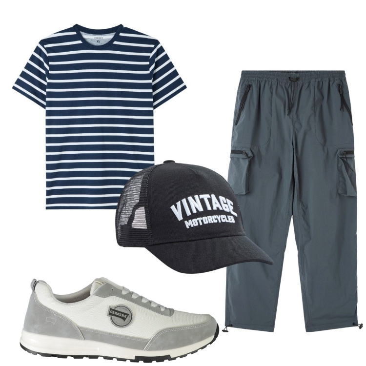 Outfit uomo - Total look #1902877. Stile Trendy per Tutti i giorni. Abbinamento con pantaloni cargo, t-shirt, cappelli, sneakers.