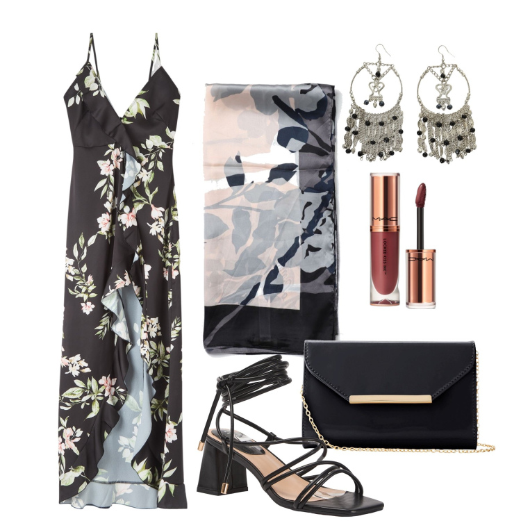 Outfit donna - Ghost outfitter - giugno. Stile Glamour per Serata fuori. Abbinamento con pochette, rossetti, vestiti lunghi, sandali alla schiava, orecchini, foulard.