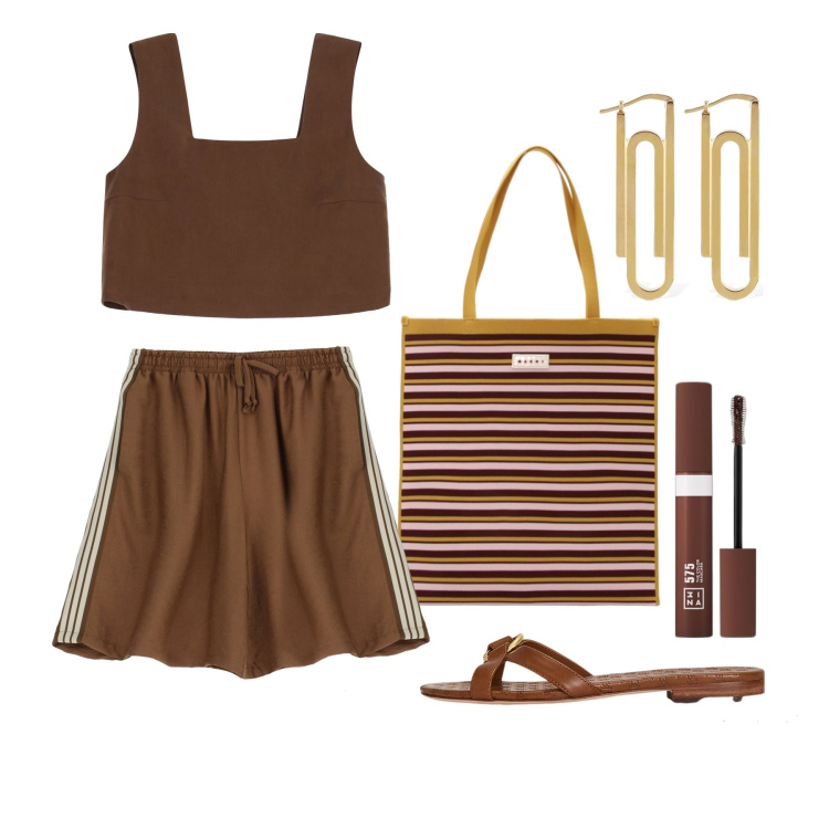 Outfit donna - Ghost outfitter - giugno. Stile Sporty chic per Tutti i giorni. Abbinamento con mascara, top, ciabatte, shorts, orecchini, borse a mano.