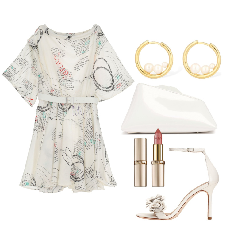 Outfit donna - Ghost outfitter - giugno. Stile Glamour per Cerimonia. Abbinamento con rossetti, vestiti corti, sandali in pelle, orecchini, pochette.