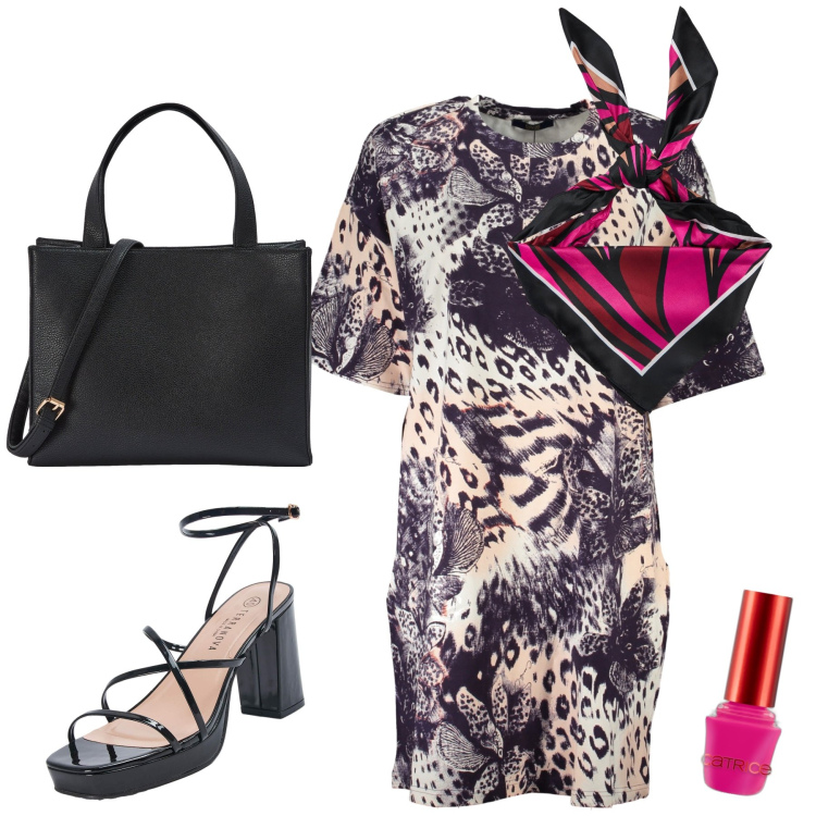 Outfit donna - Total look in saldo. Stile Urban per Tutti i giorni. Abbinamento con smalti, sandali in pelle, foulard, shopping bag, vestiti corti.