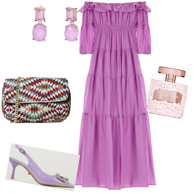 Outfit donna - Etereo total look. Stile Romantica per Serata fuori. Abbinamento con profumi, orecchini, vestiti lunghi, pochette, décolleté.