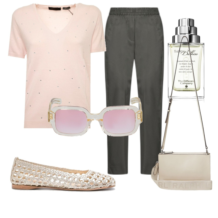 Outfit donna - T-shirt con gli strass. Stile Bon Ton per Tutti i giorni. Abbinamento con profumi, borse a tracolla, ballerine, occhiali da sole, t-shirt, pantaloni.